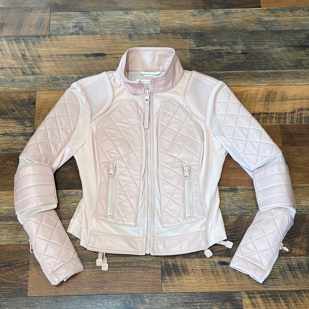 Blanc Noir Light Pink Quilted Leather Moto Jacket‎